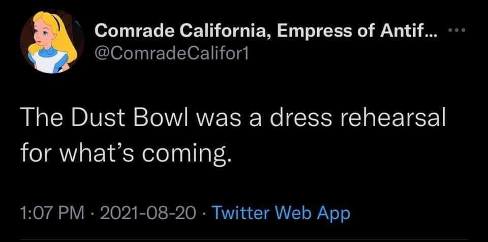 The meme is a screenshot of a tweet from the Twitter account "Comrade California, Empress of Antarctica" (a parody of the Disney character). The tweet reads: "The Dust Bowl was a dress rehearsal for what's coming." The text is presented in a simple, white font on a black background, with the Twitter account's name and the date and time of the tweet ("1:07 PM · 2021-08-20") displayed below. The tweet is a darkly humorous comment on the state of the world, implying that the devastating events of the 1930s (the Dust Bowl) were a precursor to the more catastrophic events that are currently happening.
